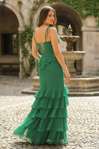 Tie Shoulder Red Mermaid Ruffle Tiered Long Wedding Guest Dress with Slit - Curvevia