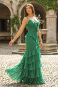 Tie Shoulder Red Mermaid Ruffle Tiered Long Wedding Guest Dress with Slit - Curvevia