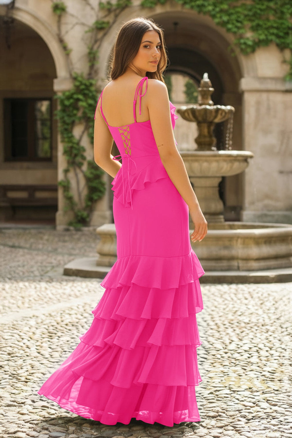Tie Shoulder Red Mermaid Ruffle Tiered Long Wedding Guest Dress with Slit - Curvevia