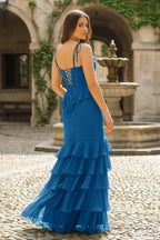 Tie Shoulder Red Mermaid Ruffle Tiered Long Wedding Guest Dress with Slit - Curvevia