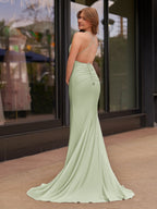 Plunge Neck Light Pink Mermaid Satin Long Evening Dress - Curvevia