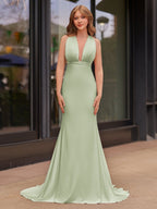 Plunge Neck Light Pink Mermaid Satin Long Evening Dress - Curvevia