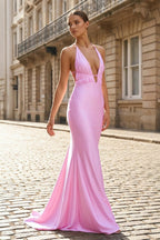 Plunge Neck Light Pink Mermaid Satin Long Evening Dress - Curvevia