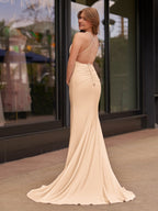 Plunge Neck Light Pink Mermaid Satin Long Evening Dress - Curvevia