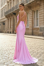 Plunge Neck Light Pink Mermaid Satin Long Evening Dress - Curvevia