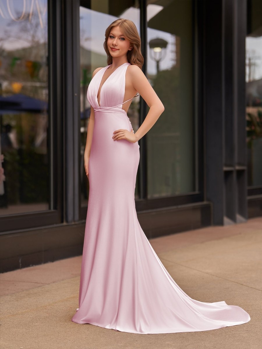 Plunge Neck Light Pink Mermaid Satin Long Evening Dress - Curvevia