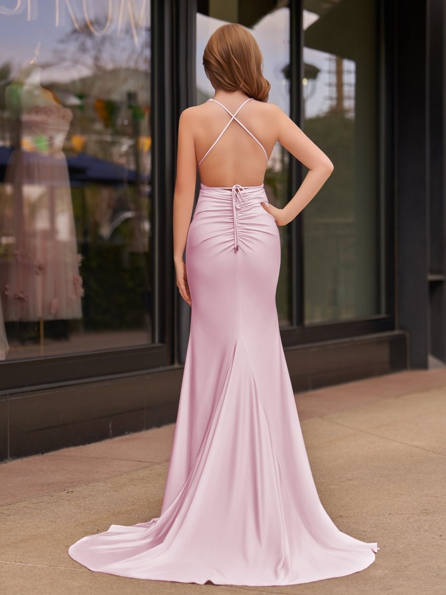 Plunge Neck Light Pink Mermaid Satin Long Evening Dress - Curvevia