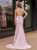 Plunge Neck Light Pink Mermaid Satin Long Evening Dress - Curvevia