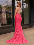 Plunge Neck Light Pink Mermaid Satin Long Evening Dress - Curvevia