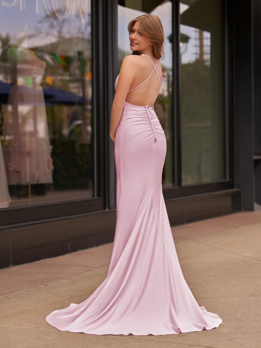 Plunge Neck Light Pink Mermaid Satin Long Evening Dress - Curvevia