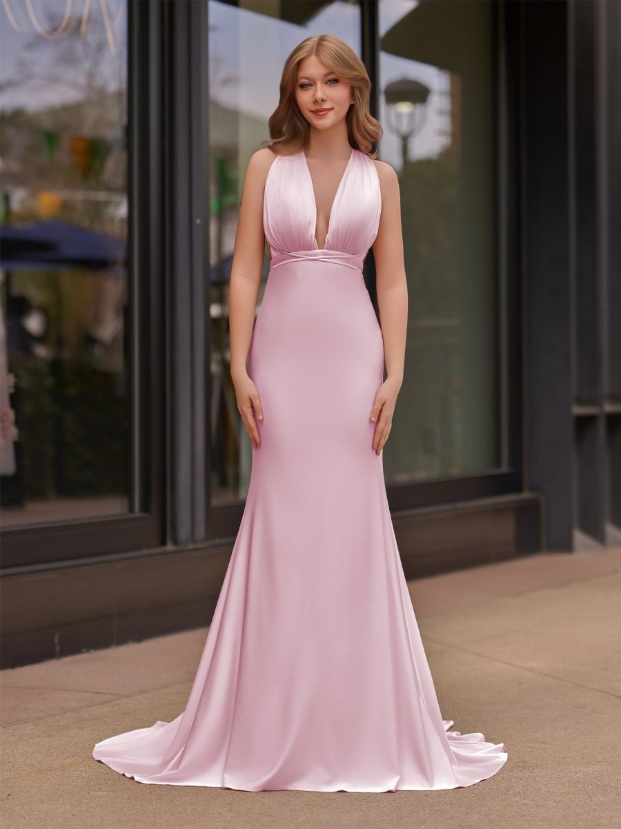 Plunge Neck Light Pink Mermaid Satin Long Evening Dress - Curvevia
