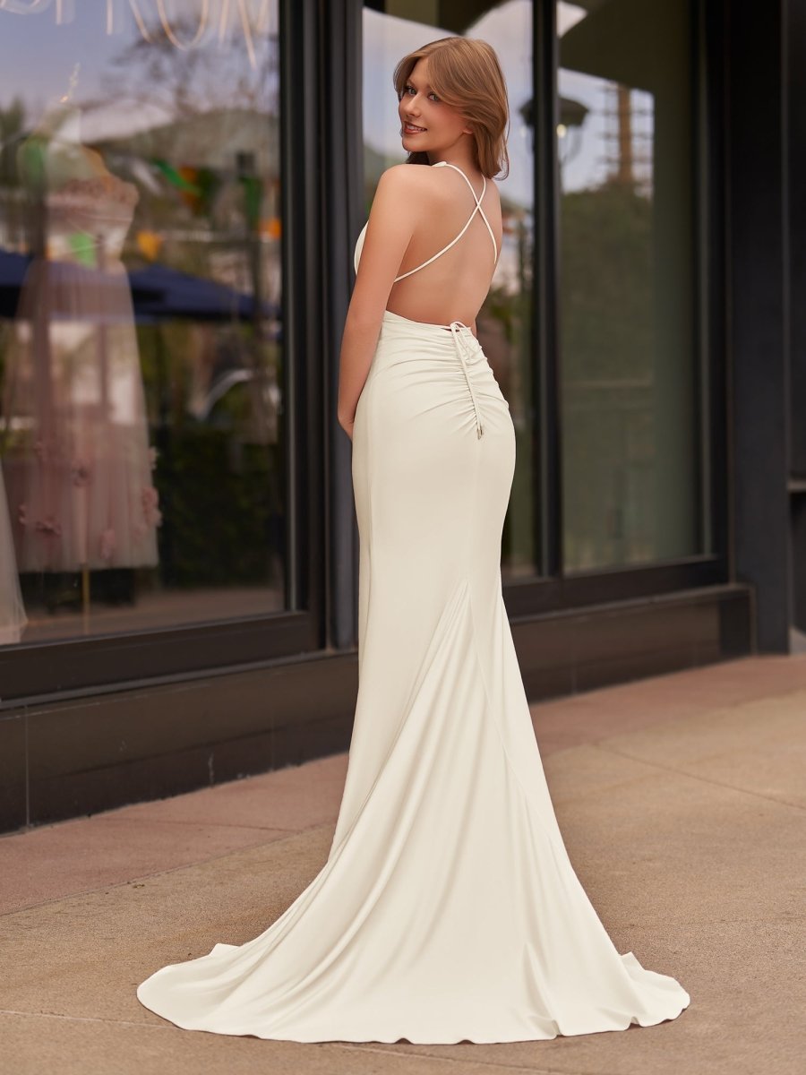 Plunge Neck Light Pink Mermaid Satin Long Evening Dress - Curvevia