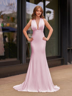Plunge Neck Light Pink Mermaid Satin Long Evening Dress - Curvevia