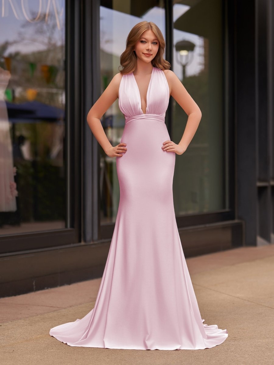 Plunge Neck Light Pink Mermaid Satin Long Evening Dress - Curvevia