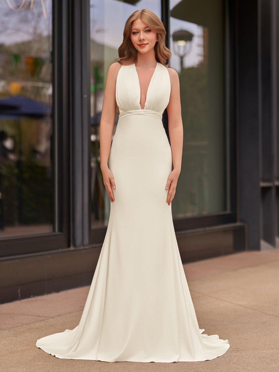 Plunge Neck Light Pink Mermaid Satin Long Evening Dress - Curvevia