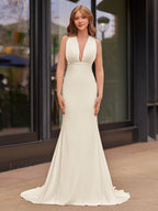 Plunge Neck Light Pink Mermaid Satin Long Evening Dress - Curvevia