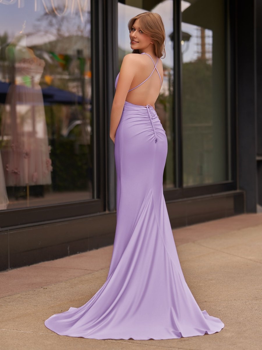 Plunge Neck Light Pink Mermaid Satin Long Evening Dress - Curvevia