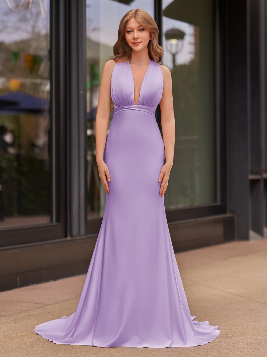 Plunge Neck Light Pink Mermaid Satin Long Evening Dress - Curvevia