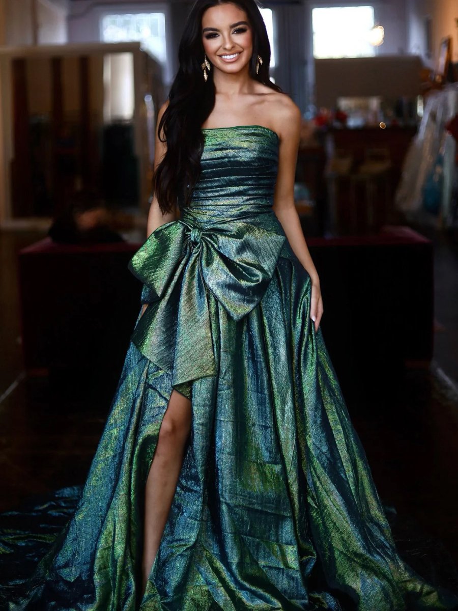 Fuchsia Strapless A-Line Long Evening Dress With Bow - Curvevia
