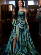 Fuchsia Strapless A-Line Long Evening Dress With Bow - Curvevia