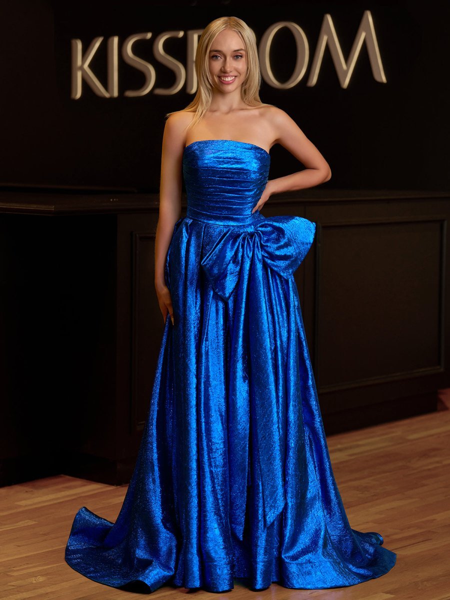 Fuchsia Strapless A-Line Long Evening Dress With Bow - Curvevia