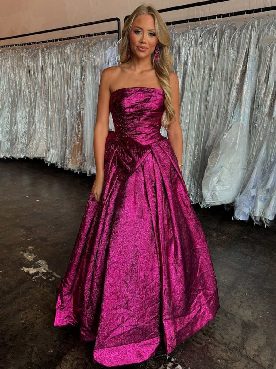 Fuchsia Strapless A-Line Long Evening Dress With Bow - Curvevia