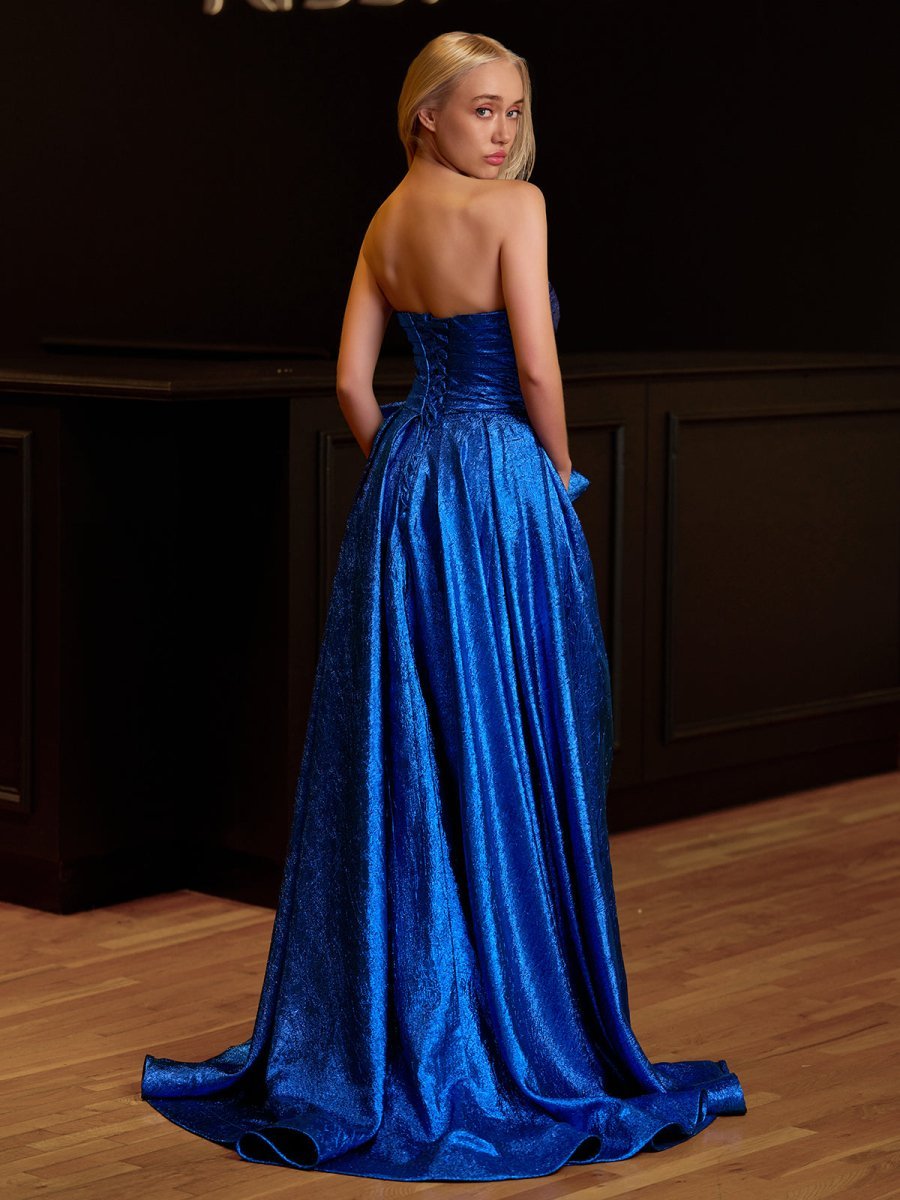 Fuchsia Strapless A-Line Long Evening Dress With Bow - Curvevia