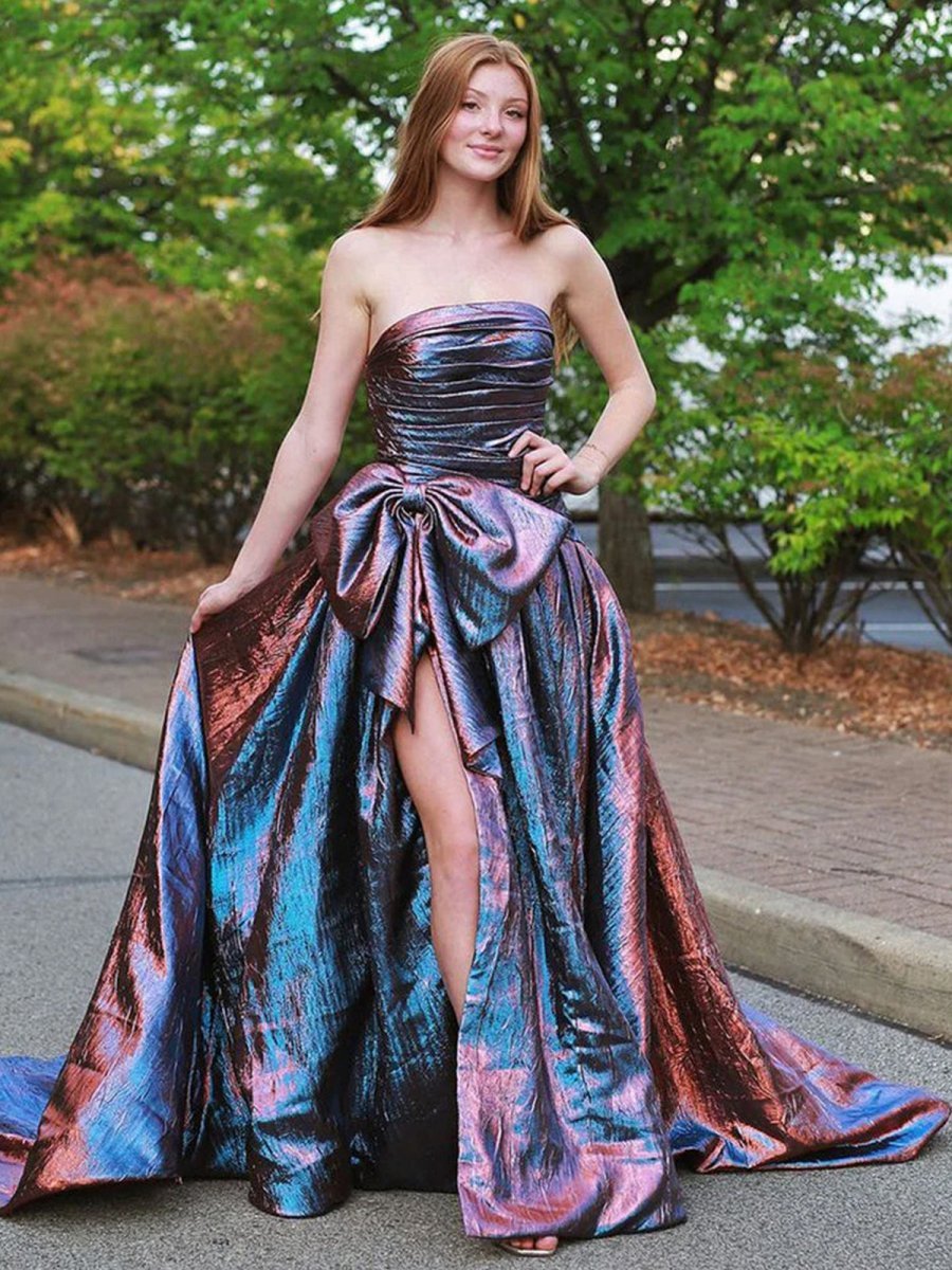 Fuchsia Strapless A-Line Long Evening Dress With Bow - Curvevia