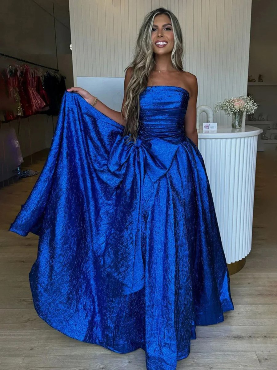 Fuchsia Strapless A-Line Long Evening Dress With Bow - Curvevia