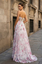 Pink Halter A Line Floral Chiffon Ruffled Wedding Guest Dress With Beading - Curvevia