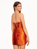 Red Strapless Keyhole Ruched Satin Sheath Short Homecoming Dress - Curvevia