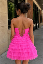 Hot Pink - Keyhole Strapless A-Line Ruffles Short Wedding Guest Dress - Curvevia