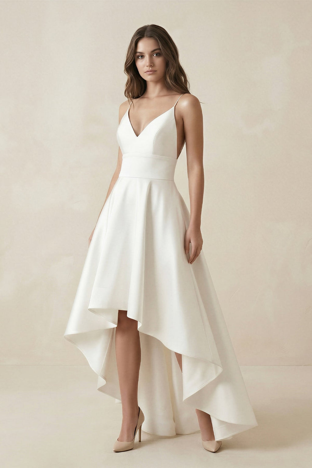 High-Low Satin V-Neck A-Line Wedding Dress in White - Curvevia