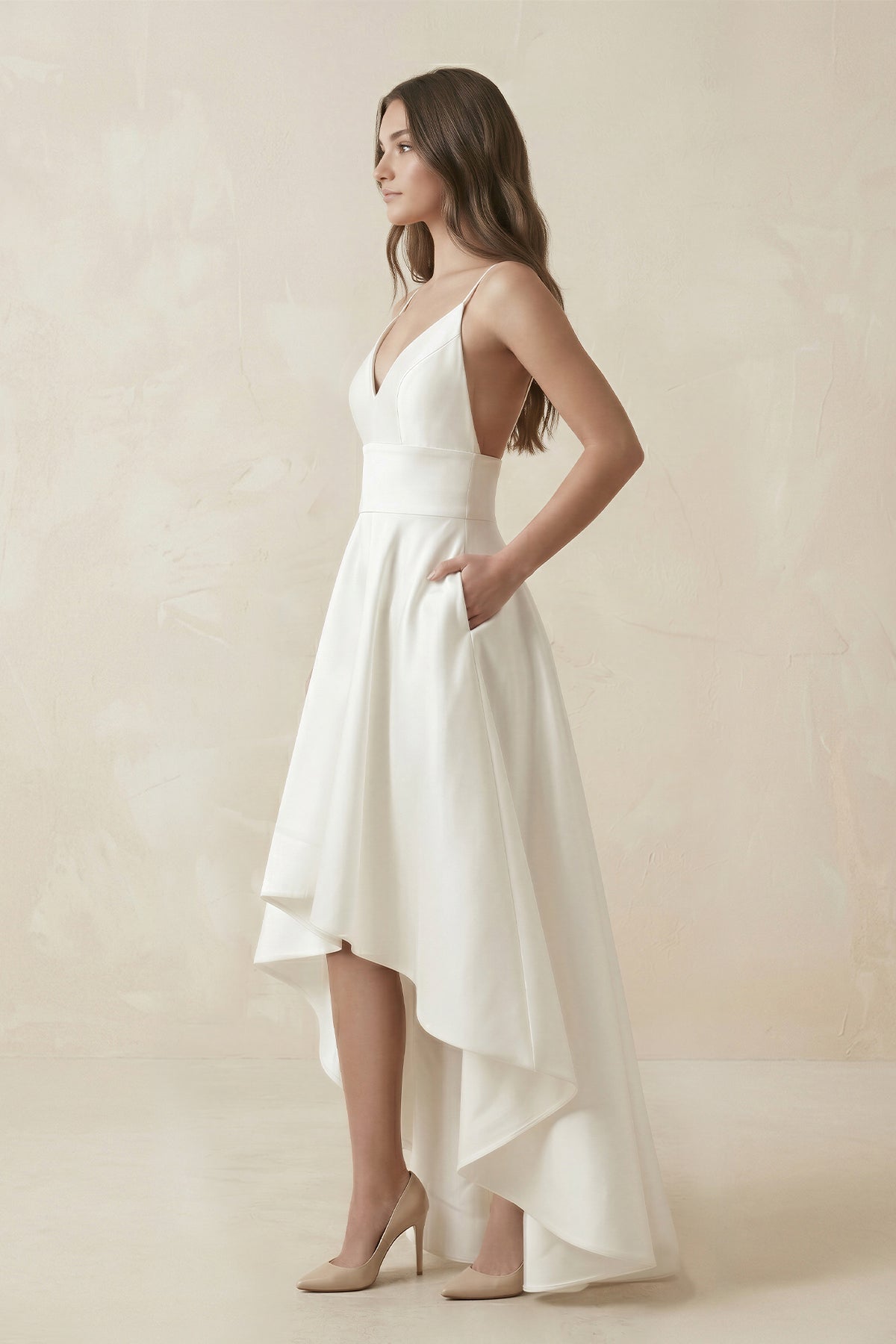 High-Low Satin V-Neck A-Line Wedding Dress in White - Curvevia