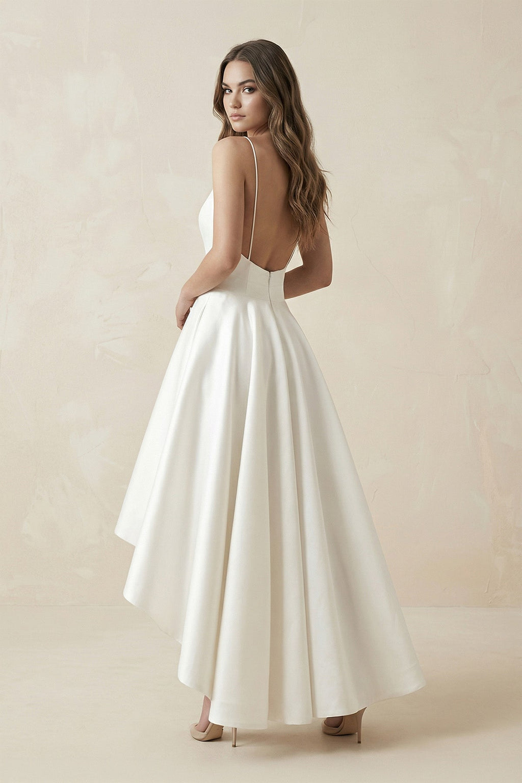 High-Low Satin V-Neck A-Line Wedding Dress in White - Curvevia