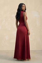High Neck A-Line Mother of the Bride Dress With Slit in Burgundy - Curvevia