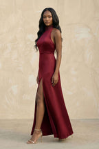 High Neck A-Line Mother of the Bride Dress With Slit in Burgundy - Curvevia