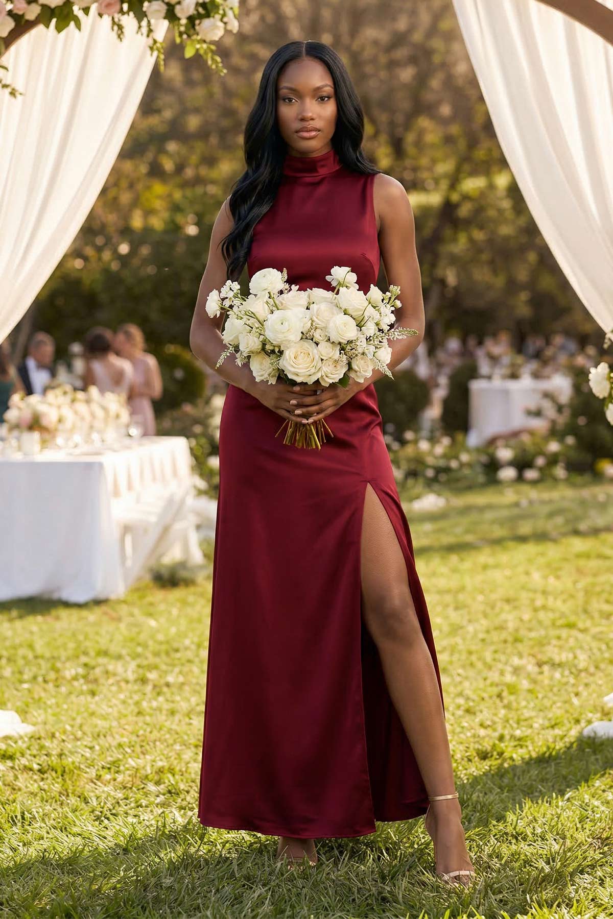 High Neck A-Line Mother of the Bride Dress With Slit in Burgundy - Curvevia