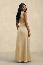 High Neck A-Line Mother of the Bride Dress With Slit in Champagne - Curvevia