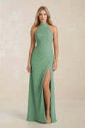 High Neck Chiffon Sheath Ruched Bridesmaid Dress in Sea Glass - Curvevia