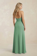 High Neck Chiffon Sheath Ruched Bridesmaid Dress in Sea Glass - Curvevia