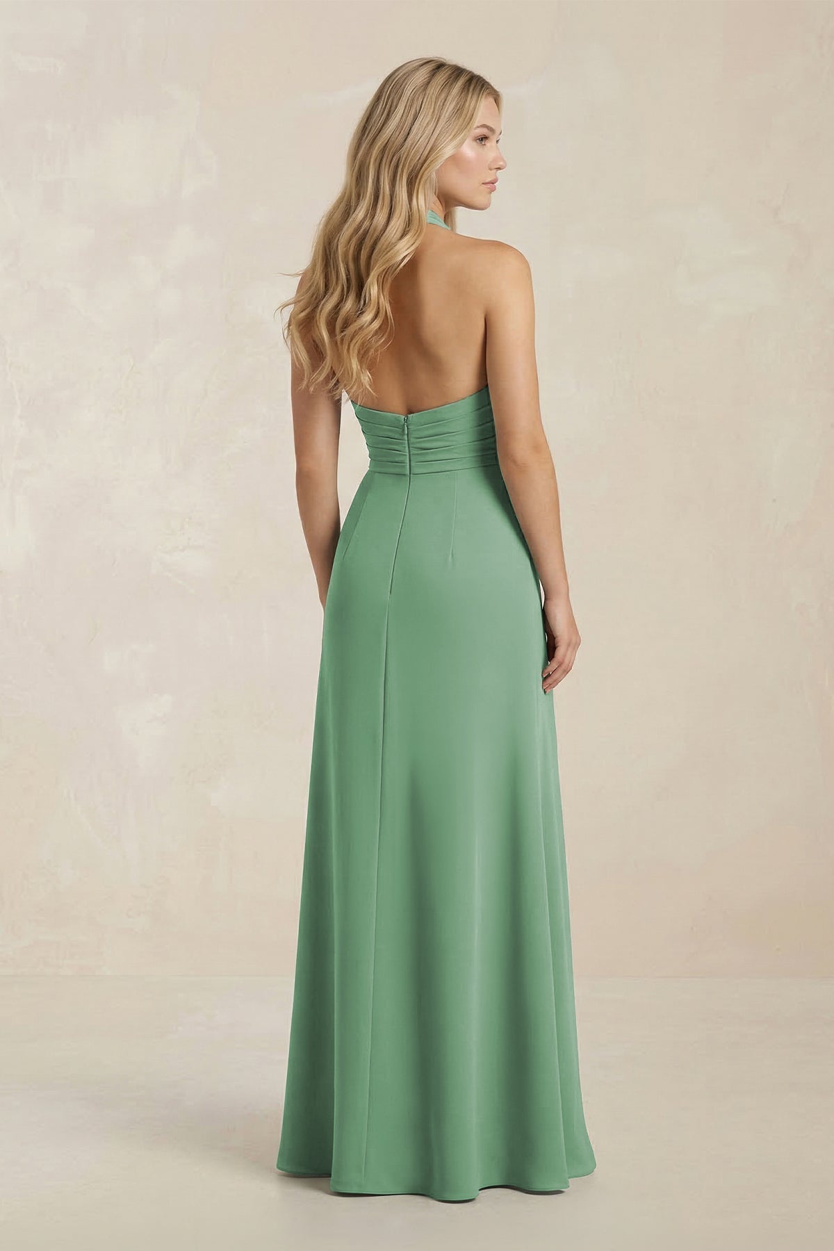 High Neck Chiffon Sheath Ruched Bridesmaid Dress in Sea Glass - Curvevia