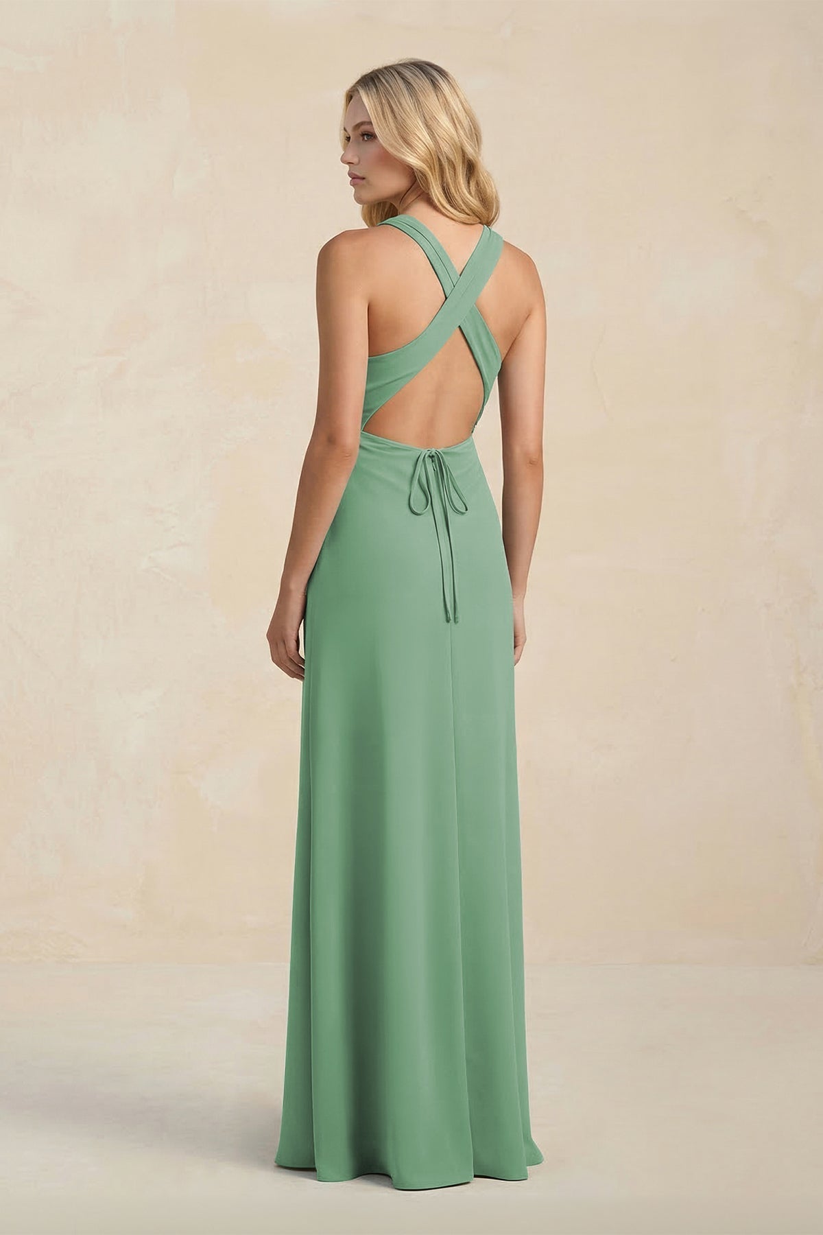 High Neck Sheath Chiffon Bridesmaid Dress With Slit in Sea Glass - Curvevia