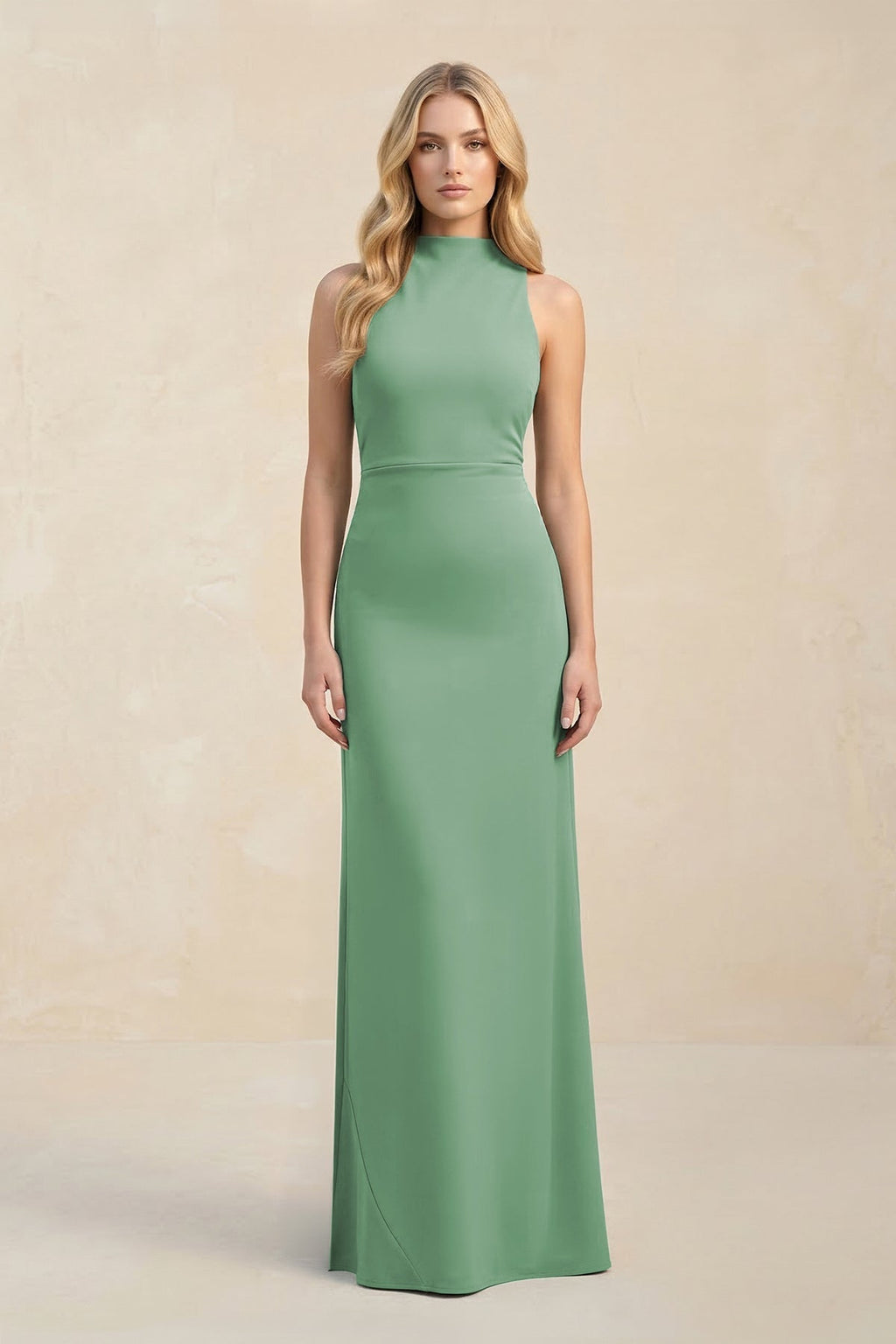 High Neck Sheath Chiffon Bridesmaid Dress With Slit in Sea Glass - Curvevia