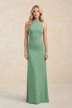High Neck Sheath Chiffon Bridesmaid Dress With Slit in Sea Glass - Curvevia