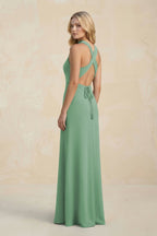 High Neck Sheath Chiffon Bridesmaid Dress With Slit in Sea Glass - Curvevia