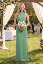 High Neck Sheath Chiffon Bridesmaid Dress With Slit in Sea Glass - Curvevia