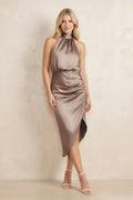 High Neck Sheath Ruched Bridesmaid Dress With Bow in Almond - Curvevia