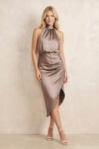 High Neck Sheath Ruched Bridesmaid Dress With Bow in Almond - Curvevia