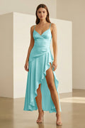 Aqua Spaghetti Straps Sheath Satin High Low Wedding Guest Dress With Ruffles - Curvevia